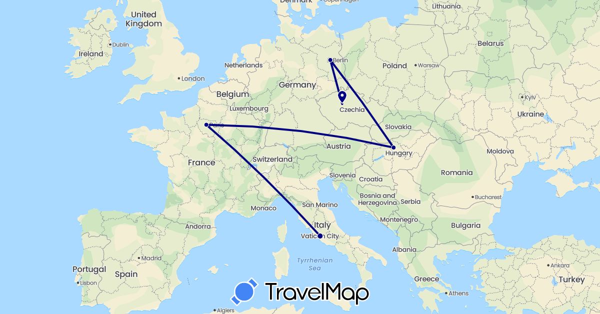TravelMap itinerary: driving in Czech Republic, Germany, France, Hungary, Italy (Europe)